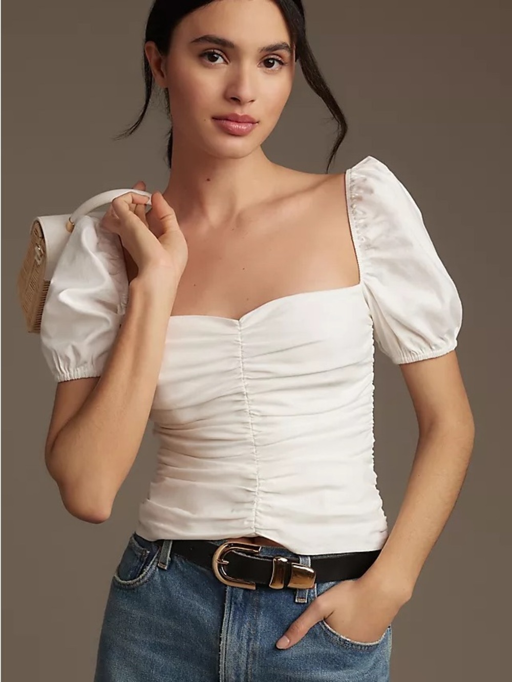 Reformation Radish White Ruched Square-Neck Puff Sleeve Top
